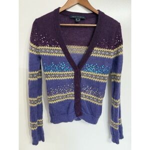 French Connection Vtg Women's Cardigan Mohair Sweater Purple sequins L Fair Isle